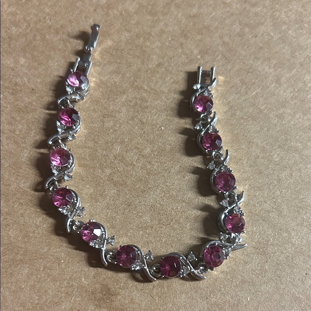 Pink and Silver Swarovski Tennis Bracelet Fold-over Clasp
